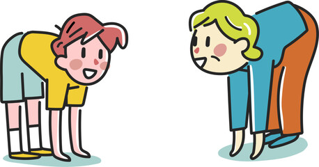 ロコモ運動器不全を前屈でチェックしているおばあちゃんと孫　イラスト素材
