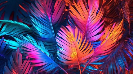 Fototapeta na wymiar Photo of palm takes off in neon lighting. Creative resource, AI Generated
