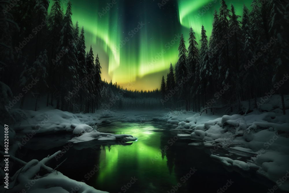 Poster a stream running through a snow covered forest. generative ai.