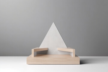 A light grey stone pedestal with pyramid in a room. Generative AI.