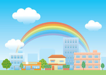 虹と青空の背景のイラスト,