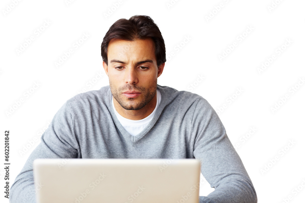 Poster computer, research and business man isolated on a white background for startup, career planning or w