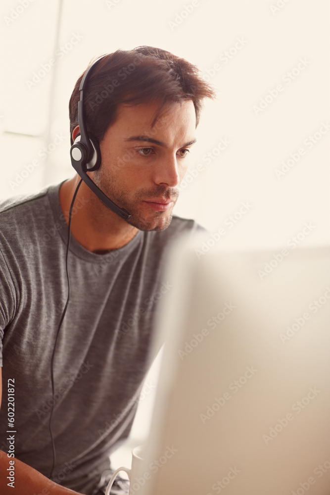 Poster call center, computer and man focus for information technology, virtual support and software solutio