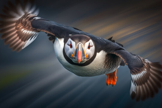 Close up of Atlantic puffin in flight in morning