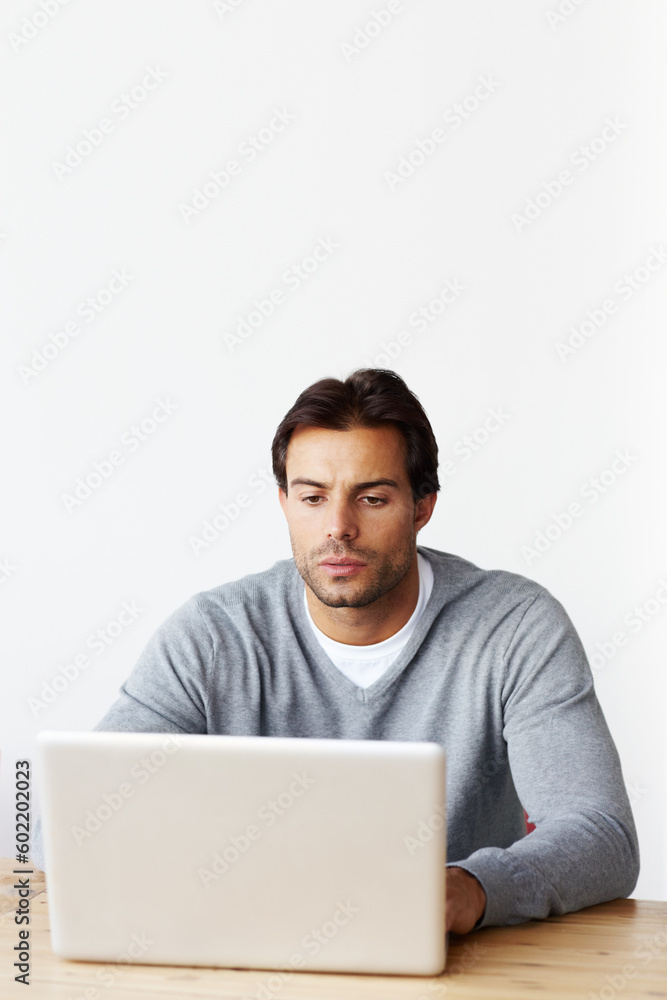 Aufkleber laptop, research and business man isolated on white background for startup, career planning or web d