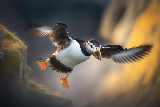 A puffin flying and about landing at the cliffs of Latrabjarg Iceland with blurred mountain and ocean background