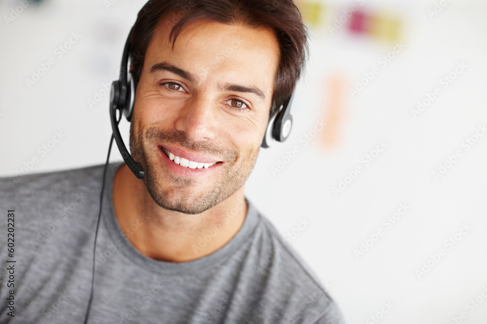 Poster Portrait, call center and happy man in startup for virtual communication online support or e learning consultant. Face of agent, web advisor or person with elearning services, helping and course info