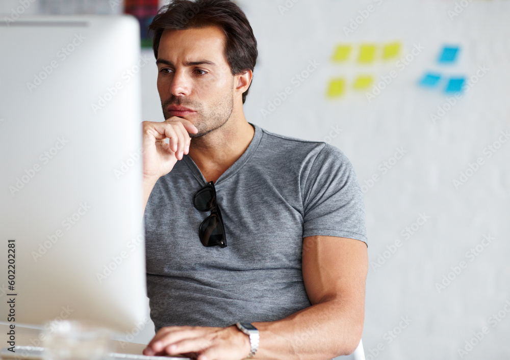 Poster thinking, ideas and business man on computer for online project, website design and brainstorming or