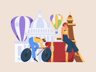 Holiday travel travel characters internet background vector hand drawn illustration
