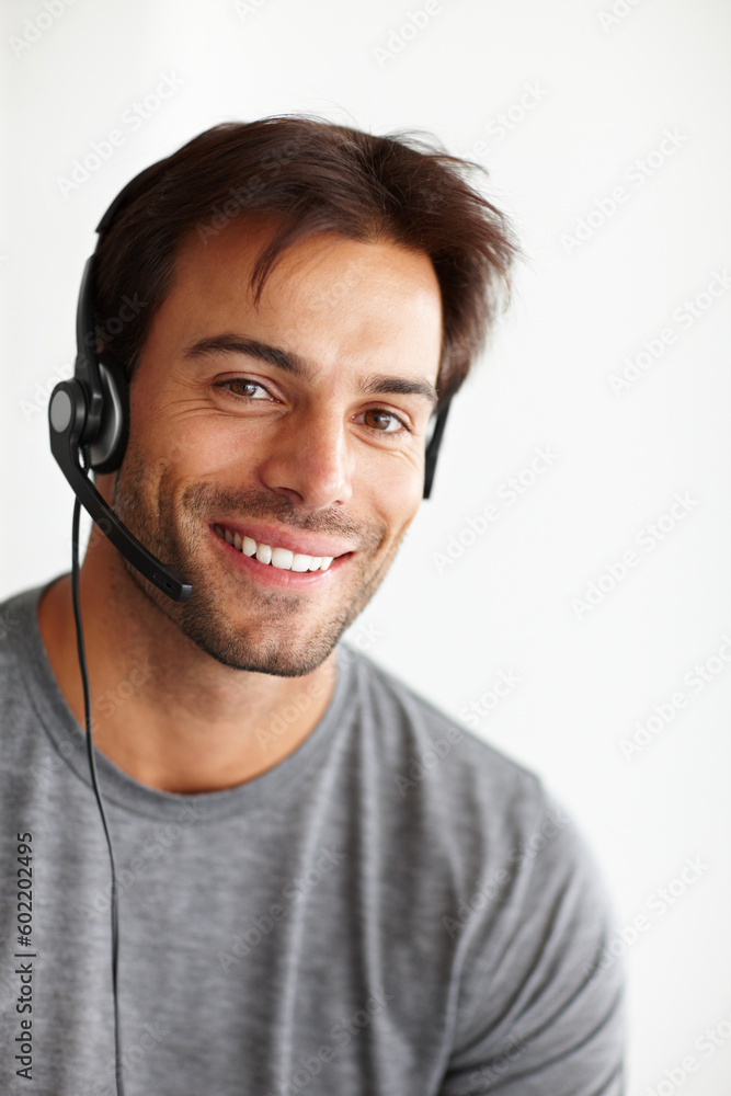 Poster portrait, call center and happy man isolated on a white background in virtual communication or techn