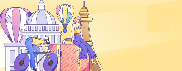 Holiday travel travel characters internet background vector hand drawn illustration
