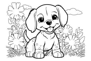 Dog Character Vector, Coloring Book Page with Dog, Coloring page outline of a cute dog, coloring page with Animal character 