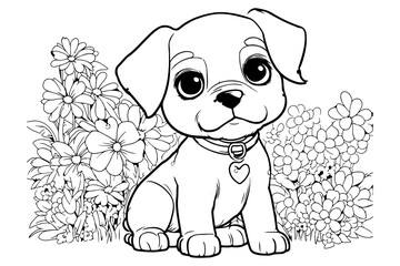 Dog Character Vector, Coloring Book Page with Dog, Coloring page outline of a cute dog, coloring page with Animal character 