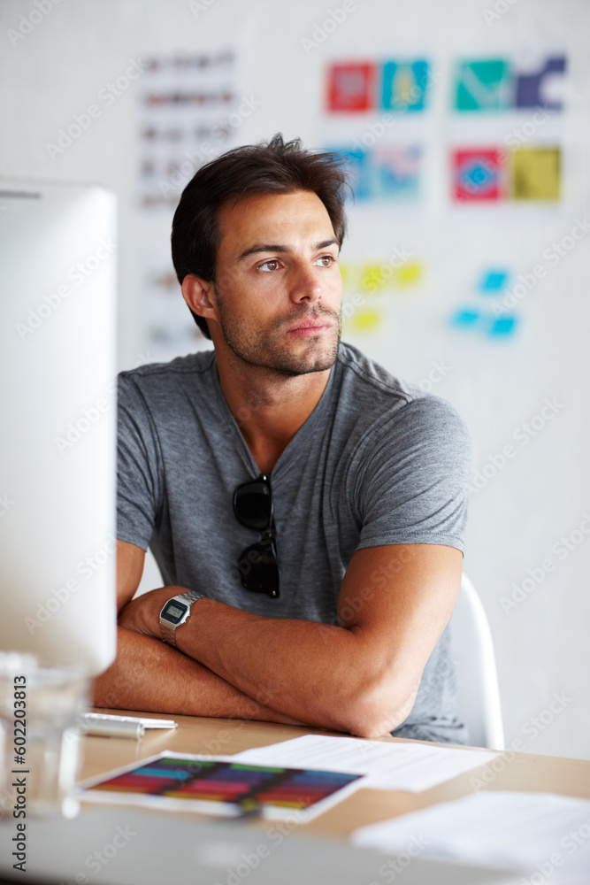 Poster computer, thinking and business man for online project, website design and digital brainstorming or 