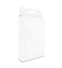 Stand bag with handle mockup. Vector illustration isolated on white background. Half side view. Ready for your design. Suite for the presentation of diaper, wet wipes, industry, food, etc. EPS10.