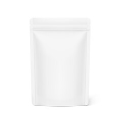 Food pouch stand up bag mockup set. Vector illustration isolated on white background. Front view. Can be use for template your design, presentation, promo, ad. EPS10.	