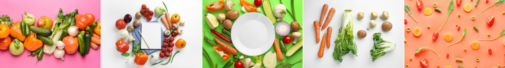 Collage with different ripe vegetables, top view