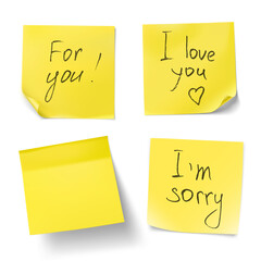 Set of yellow stick paper notes message on white background. Vector illustration. Can be use for your design, presentation, promo, adv. EPS10.