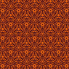 Vibrant botanical pattern with orange silhouette floral motifs isolated on a dark brown background