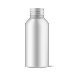 Hight realistic aluminum bottle mockup isolated on white background. Can be used for cosmetic, medical. Vector illustration. EPS10.