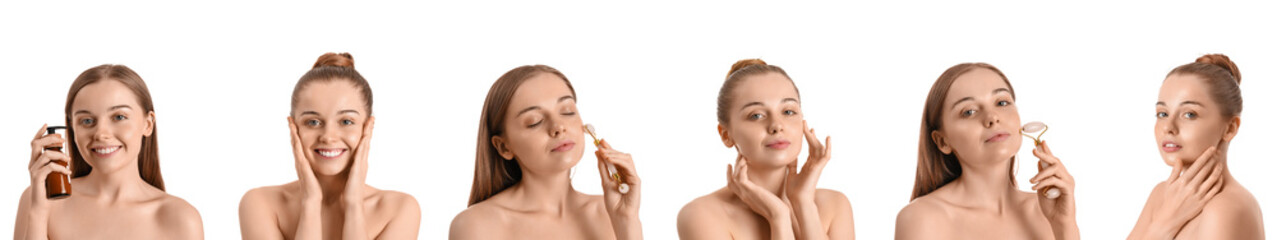Naklejka premium Set of pretty young woman with healthy skin isolated on white. Cosmetology concept