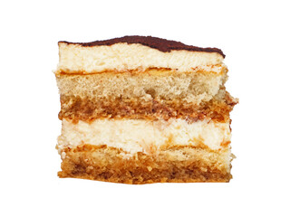 A slice of homemade italian Tiramisu cake dessert side view studio shot closeup on texture isolated on white background