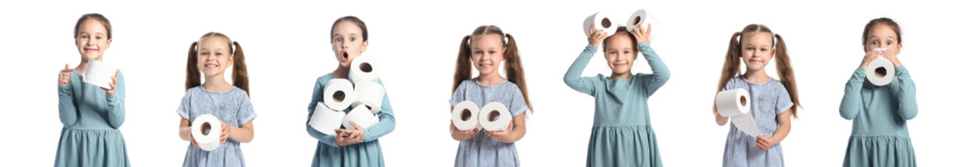 Set of little girl with rolls of toilet paper on white background