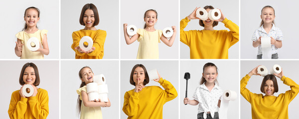 Set of people with rolls of toilet paper on light background