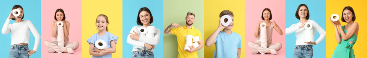 Set of people with rolls of toilet paper on color background