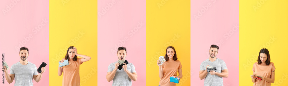 Wall mural Collage of young woman and man with wallets and money on color background