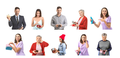 Collection of different people with wallets and money on white background