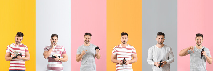 Collage of young man with wallet and money on color background