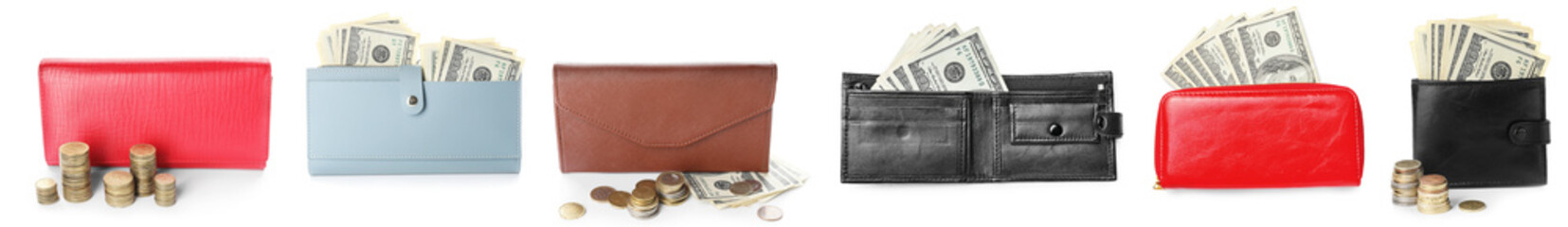 Set of wallets with money on white background