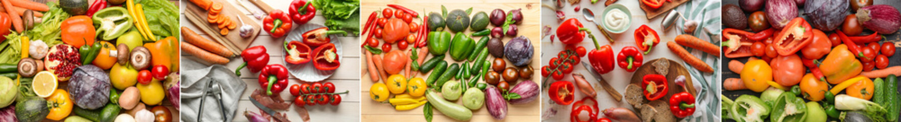 Collage with many different ripe vegetables and fruits, top view