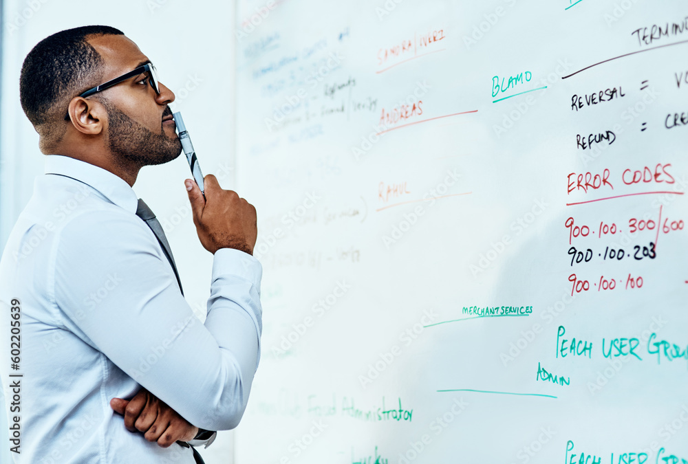 Poster thinking, planning and business man on whiteboard brainstorming, ideas and numbers or math problem s