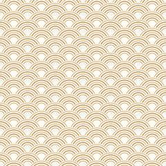 Fish scale seamless pattern with subtle gold stripe lines, Japanese wave seashell repeat background in oriental style, vector for print. © i_fleurs