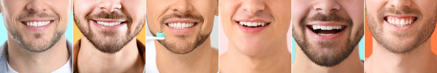 Collage of many men with healthy teeth, closeup