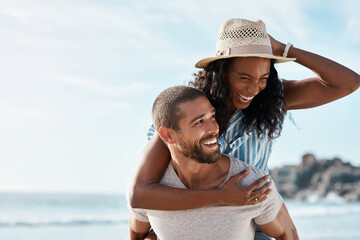 Happy couple, adventure at sea and piggy back with blue sky, mockup space and summer holiday travel to ocean. Romance, man and woman at beach with happiness on date and vacation together in Cancun.