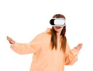 Pretty young woman in VR glasses isolated on white background