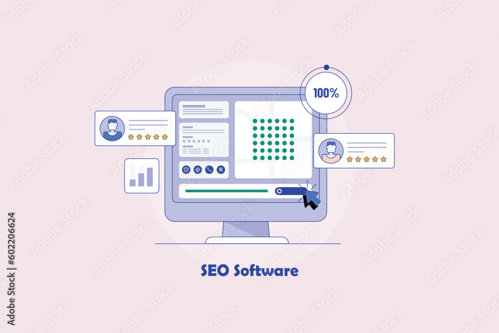 Poster seo concept, business intelligence displays website audit, keyword ranking and web visitors' convers