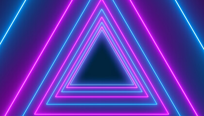 Illustation of many triangles in neon blue and neon magenta on dark background. - abstract background