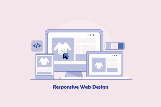 Responsive ecommerce website fits to screen size of desktop, laptop and tablet view, web design and app development coding improve user experience, vector illustration.