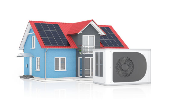 3d Illustration einer Wärmepumpe, im Hintergrund ein blaues Einfamilienhaus mit einer Photovoltaikanlage auf dem Dach auf weißem Hintergrund.