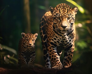 Naklejka na ściany i meble portrait wildlife two leopards walking jungle latino features jigsaw puzzle shoulders motherly cats passages gorgeous sleek spines digital background fighters, generative ai