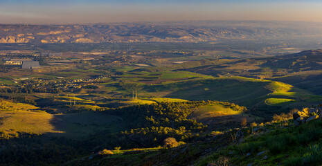 Panoramic View Of  Emek HaMaayanot Valley At Sunset, Spring Time, Israel. Mount Gilboa,  Lower Galilee, Beautiful nature of Israel, Holy Land