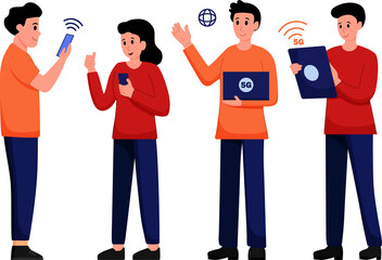 Cartoon characters using mobile wireless technology for faster connectivity with smartphones and tablets illustration. 5G wireless network technology concept