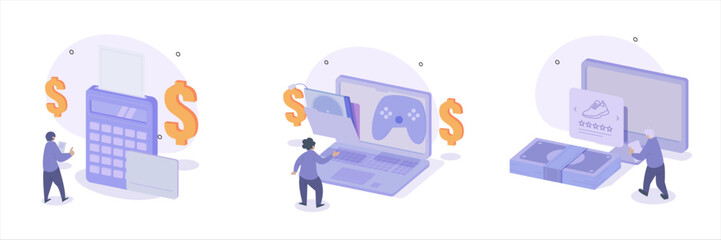 Buying products illustration set. Character is calculating expenses. Buy digital products online. Order shoes online. Vector illustration.