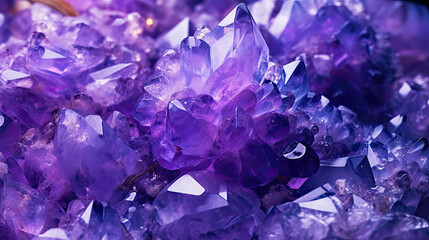Amethyst crystals background made with generative AI. Gems background.