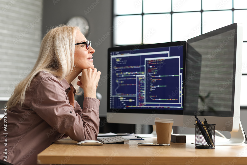Poster mature female programmer working with computer at table in office