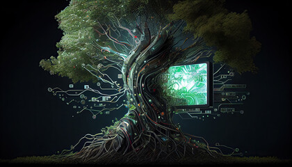 Growing tree on converging point of computer circuit board. Nature with Digital Convergence and Technological Convergence. Green Computing, Green Technology. Generative AI